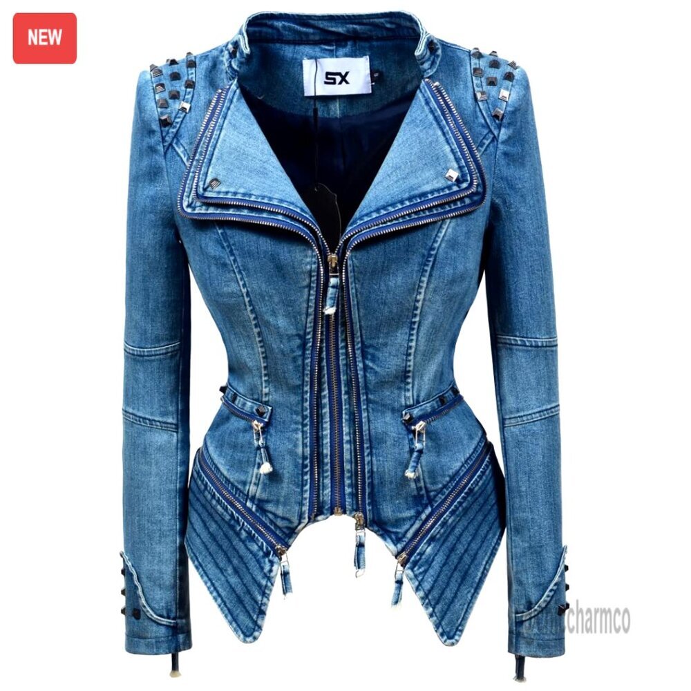 Classic Denim Jacket Punk Rivet Dovetail Motorcycle Style Chic Y2K Retro
